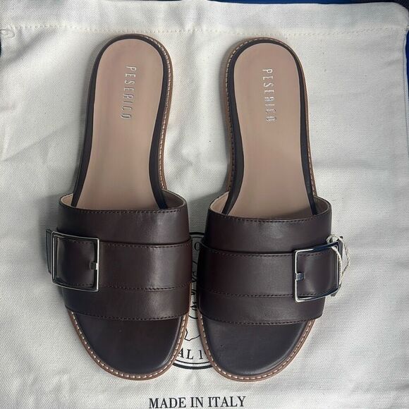 NIB Peserico Brown Slides Buckled Sandals - Picture 7 of 13
